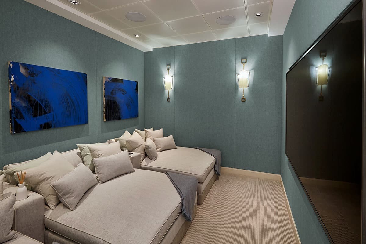 Dark stretch ceiling with spotlights in a home theater